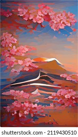 abstract hand drawn vector blooming sakura. Delicate pink and blue spring tones. Ready-made poster design, postcards