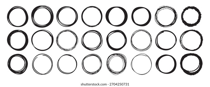 Abstrato mão desenhado círculos vetoriais, formas redondas, rabisco redemoinho elementos minimalistas para o projeto, desenho de tinta áspera logotipo de fundo. Ilustração vetorial