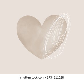 Abstract Hand Drawn Vector Illustration with Big Light Beige Heart and White Irregular Lines on a Light Beige Background. Modern Print Ideal for Wall Art, Poster, Card and Cover.