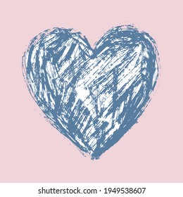 Abstract Hand Drawn Vector Illustration with Big Blue Heart Isolated on a Pastel Pink Background. Modern Grunge Print Ideal for Wall Art, Poster, Card and Cover. Funny Heart Made of Scribbles.