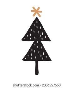 Abstract Hand Drawn Vector Illustration  with Black Christmas Trees. Infantile Style Winter Holidays Print ideal for Card, Wall Art, Greetings. Simple Tree and Star isolated on a White Background. 