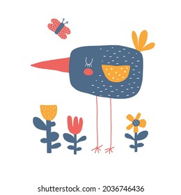 Abstract Hand Drawn Vector Illustration with Cute Big Bird, Little Butterfly And Flowers. Childish Style Print with Blue Bird in the Garden. Simple Nursery Art ideal for Wall Art, Poster, Card.