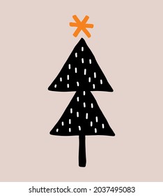 Abstract Hand Drawn Vector Illustration  with Black Christmas Trees. Infantile Style Winter Holidays Print ideal for Card, Wall Art, Greetings. Simple Tree and Star isolated on a Brown Background. 