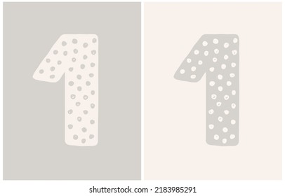Abstract Hand Drawn Vector Illustration with Gray and White Number One on a Light Gray and Off-White Background. Cute Nursery Art in Gender Neutral Color ideal for Wall Art, Poster, Card, Birthday.