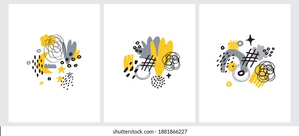 Abstract Hand Drawn Vector Illustrations. Gray, Yellow and Black Irregular Daubs, Spots and Scribbles Isolated on a White Background. Cute Abstract Doodle Print ideal for Wall Art, Card, Invitation.