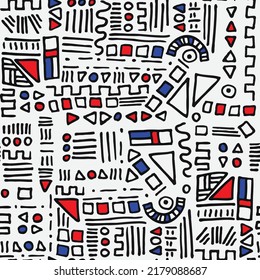 Abstract, hand drawn vector pattern inspired by Joan Miro. Geometric shapes, lines, triangles, squares and circles