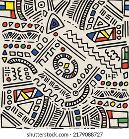 Abstract, hand drawn vector pattern inspired by Joan Miro. Geometric shapes, lines, triangles, squares and circles