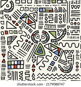 Abstract, hand drawn vector pattern inspired by Joan Miro. Geometric shapes, lines, triangles, squares and circles