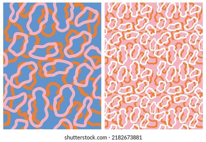 Abstract Hand Drawn Vector Patterns. Orange, White and Pink Brush Wavy Scribbles on a Blue and Light Pink Background.Modern Irregular Geometric Seamless Pattern ideal for Fabric.Cool Repeatable Print.