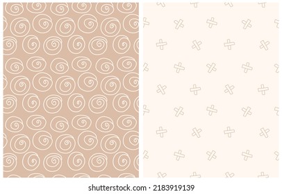 Abstract Hand Drawn Vector Patterns. Beige and White Brush Swirls and Crosses on a Light Brown and Off-White Background. Modern Irregular Geometric Seamless Pattern. Cool Gender Neutral Color Print.