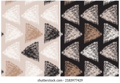 Abstract Hand Drawn Vector Patterns. White, Black and Brown Brush Trangles made of Spots on a Beige and Black Background. Modern Irregular Geometric Seamless Pattern. Cool Repeatable  Print. 