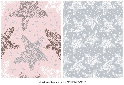 Abstract Hand Drawn Vector Patterns. White, Gray and Brown Brush Stars made of Spots on a Light Gray and Pink Background. Modern Irregular Night Sky Seamless Pattern. Cool Repeatable Starry Print. 