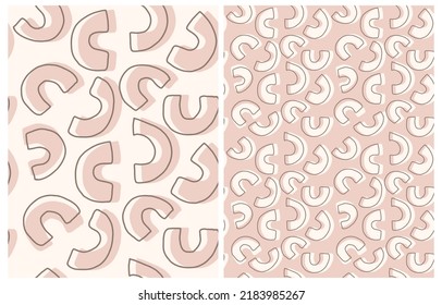 Abstract Hand Drawn Vector Patterns. Beige, Pastel Pink and White Brush Semi Circles on a Light Pink and Off-White Background. Modern Irregular Geometric Seamless Pattern. Cool Repeatable Arc Print.