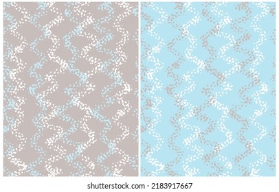 Abstract Hand Drawn Vector Patterns.White, Gray and Blue Vertical Wavy Lines made of Spots on a Light Blue and Warm Gray Background. Modern Irregular Geometric Seamless Pattern.Cool Repeatable Print. 