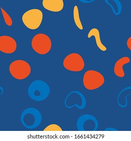 Abstract hand drawn vector seamless pattern. Memphis or hipster texture. Illustration in trendy yellow orange and blue colors. Card template, textile, wallpaper design,wrapping paper or web background