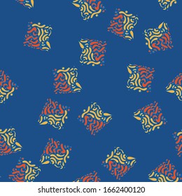 Abstract hand drawn vector seamless pattern. Memphis or hipster texture. Illustration in trendy yellow orange and blue colors. Card template, textile, wallpaper design,wrapping paper or web background