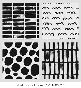 Abstrakter handgezeichneter Vektorillustration nahtloser Muster-Set. Schwarz-weißer Hintergrund mit Pinselstrichen, Wellen und Kreisen, einfarbiges Wiederholmuster