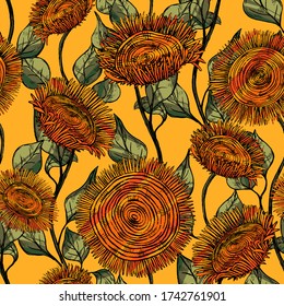 Abstract hand drawn vector seamless pattern. Stylized sunflowers wallpaper. Decorative floral background in vintage, boho style. Colorful outline design for wrapping paper, prints, fabric, textile.
