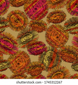 Abstract hand drawn vector seamless pattern. Stylized sunflowers wallpaper. Decorative floral background in vintage, boho style. Colorful outline design for wrapping paper, prints, fabric, textile.