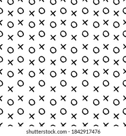 Abstract hand drawn vector seamless pattern. Simple background with crosses and circles. Black outline wallpaper isolated on transparent. Universal design for print, wrapping, fabric, textile, decor.