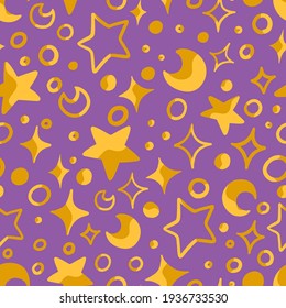 Abstract hand drawn vector seamless pattern. Bright colorful ornament of cute stars and moons. Universal design for print, wrapping paper, fabric, textile, wallpapers, backgrounds, decoration, cards.