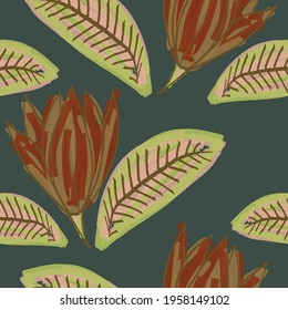 Abstract hand drawn vector seamless pattern. Floral motifs, rough pain texture, natural earth colors. Dots blobs marker brush strokes create artistic background.