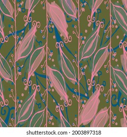 Abstract hand drawn vector seamless pattern. Floral motifs, rough pain texture, natural earth colors. Dots blobs marker brush strokes create artistic background.