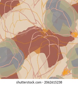 Abstract hand drawn vector seamless pattern. Floral motifs, rough pain texture, natural earth colors. Dots blobs marker brush strokes create artistic background.