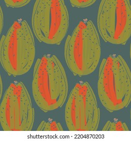 Abstraktes handgezeichnetes, nahtloses Vektormuster. Blumenmotive, raue Schmerzstruktur, natürliche Erdfarben. Dots Bläser Marker Pinselstriche erzeugen künstlerischen Hintergrund.