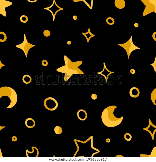 Abstract hand drawn vector seamless pattern.\
Bright colorful ornament of cute stars and moons. Universal design\
for print, wrapping paper, fabric, textile, wallpapers,\
backgrounds, decoration,\
cards.
