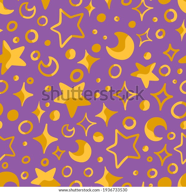 Abstract hand drawn vector seamless pattern.\
Bright colorful ornament of cute stars and moons. Universal design\
for print, wrapping paper, fabric, textile, wallpapers,\
backgrounds, decoration,\
cards.