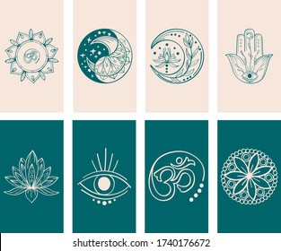 
Abstract hand drawn vector story cover. Collection of minimal linear template in yoga style for womanly profile. Set of vector story template for social media, web,  mobile app in green, rose colors