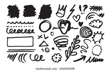 Abstract hand drawn vector symbol set. crown, heart, circle, square scribble triangle. clouds, light and marker streaks. Ink, pencil, brush stain. Dots, crosses, arrows, decorative sketches of leaves 