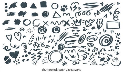 Abstract hand drawn vector symbols set. Hearts, circles, triangles doodles pack. Geometric shapes and marker scribbles. Ink, pencil, brush smears. Spot, cross, arrow, leaf chaotic decorative sketches