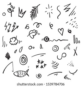 Abstract hand drawn vector symbols set. Hearts, circles, doodles pack with Geometric shapes and marker scribbles, Ink, pencil, brush smears. Spot, cross, arrow, leaf doodle cartoon
