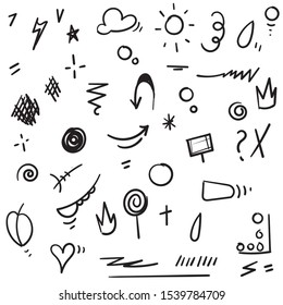 Abstract hand drawn vector symbols set. Hearts, circles, doodles pack with Geometric shapes and marker scribbles, Ink, pencil, brush smears. Spot, cross, arrow, leaf doodle cartoon