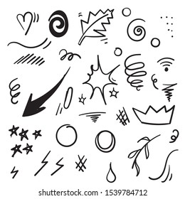 Abstract hand drawn vector symbols set. Hearts, circles, doodles pack with Geometric shapes and marker scribbles, Ink, pencil, brush smears. Spot, cross, arrow, leaf doodle cartoon