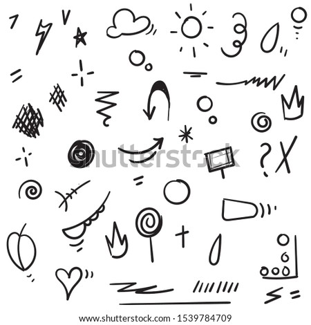 Abstract hand drawn vector symbols set. Hearts, circles, doodles pack with Geometric shapes and marker scribbles, Ink, pencil, brush smears. Spot, cross, arrow, leaf doodle cartoon