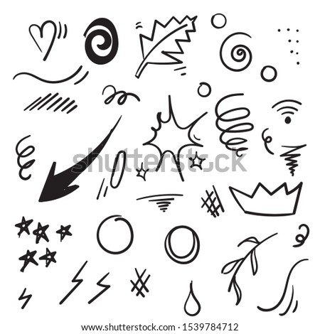 Abstract hand drawn vector symbols set. Hearts, circles, doodles pack with Geometric shapes and marker scribbles, Ink, pencil, brush smears. Spot, cross, arrow, leaf doodle cartoon