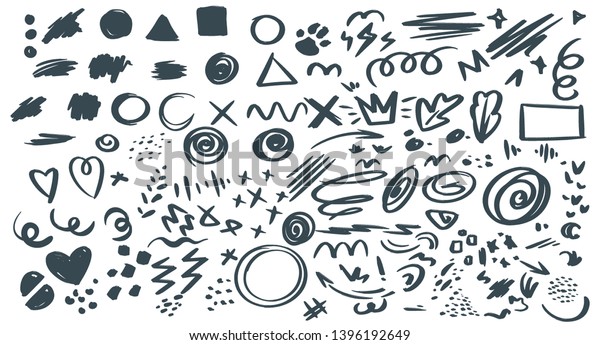 Abstract hand drawn vector symbols set. Hearts,\
circles, triangles doodles pack. Geometric shapes and marker\
scribbles. Ink, pencil, brush smears. Spot, cross, arrow, leaf\
chaotic decorative\
sketches