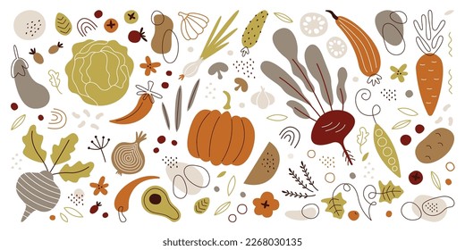 Abstract hand drawn vegetables flat icons set. Drawing food design ornaments. Creative paintings of potato, carrot, pumpkin,onion and pepper. Decorative elements. Color isolated illustrations