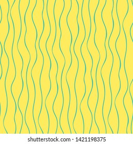 Abstract hand drawn vertical blue doodle lines. Seamless geometric vector pattern on vibrant yellow background. Great for spa, wellness, beauty products, stationery, giftwrap, packaging, web
