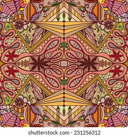 Abstract hand drawn vintage floral and geometric seamless pattern, ethnic ornament, vector illustration