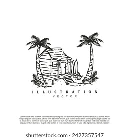 Abstract hand drawn vintage retro beach house vector art isolated on white background