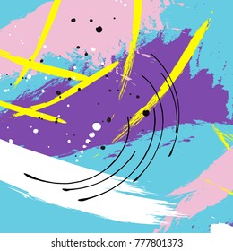 Abstract hand drawn violet brush stroke pattern texture. Neon Dynamic  style art with blue background. Trendy fantasy freehand composition . Speed style pink natural painting . Contrast pop art
