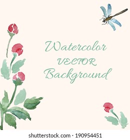 Abstract hand drawn watercolor background with red flowers and dragonfly. Vector illustration. Watercolor floral composition in vector.