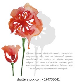 Abstract hand drawn watercolor background with red flowers, vector illustration. Watercolor floral composition in vector. Summer card with poppies.