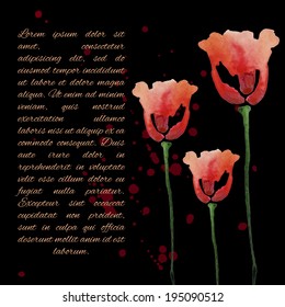 Abstract hand drawn watercolor background with red flowers, vector illustration, drip watercolors on a black background. Watercolor floral composition in vector.