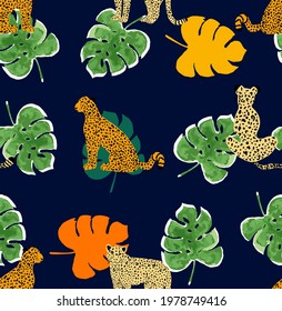 Abstract Hand Drawn Watercolor Tropical Leaves and Cheetah Seamless Vector Pattern Isolated Background