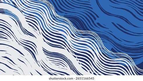 Fundo de onda desenhado à mão abstrato combinando traçados de pincel em camadas em vários tons de azul. Curvas orgânicas e ritmo natural criam uma sensação de movimento e profundidade